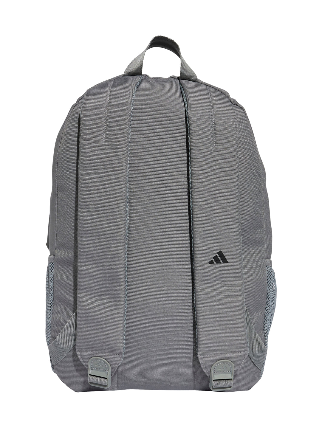 Mochila escolar Adidas de color gris con logotipo negro y bolsillos laterales de malla.