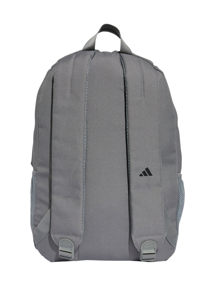 Mochila escolar Adidas de color gris con logotipo negro y bolsillos laterales de malla.