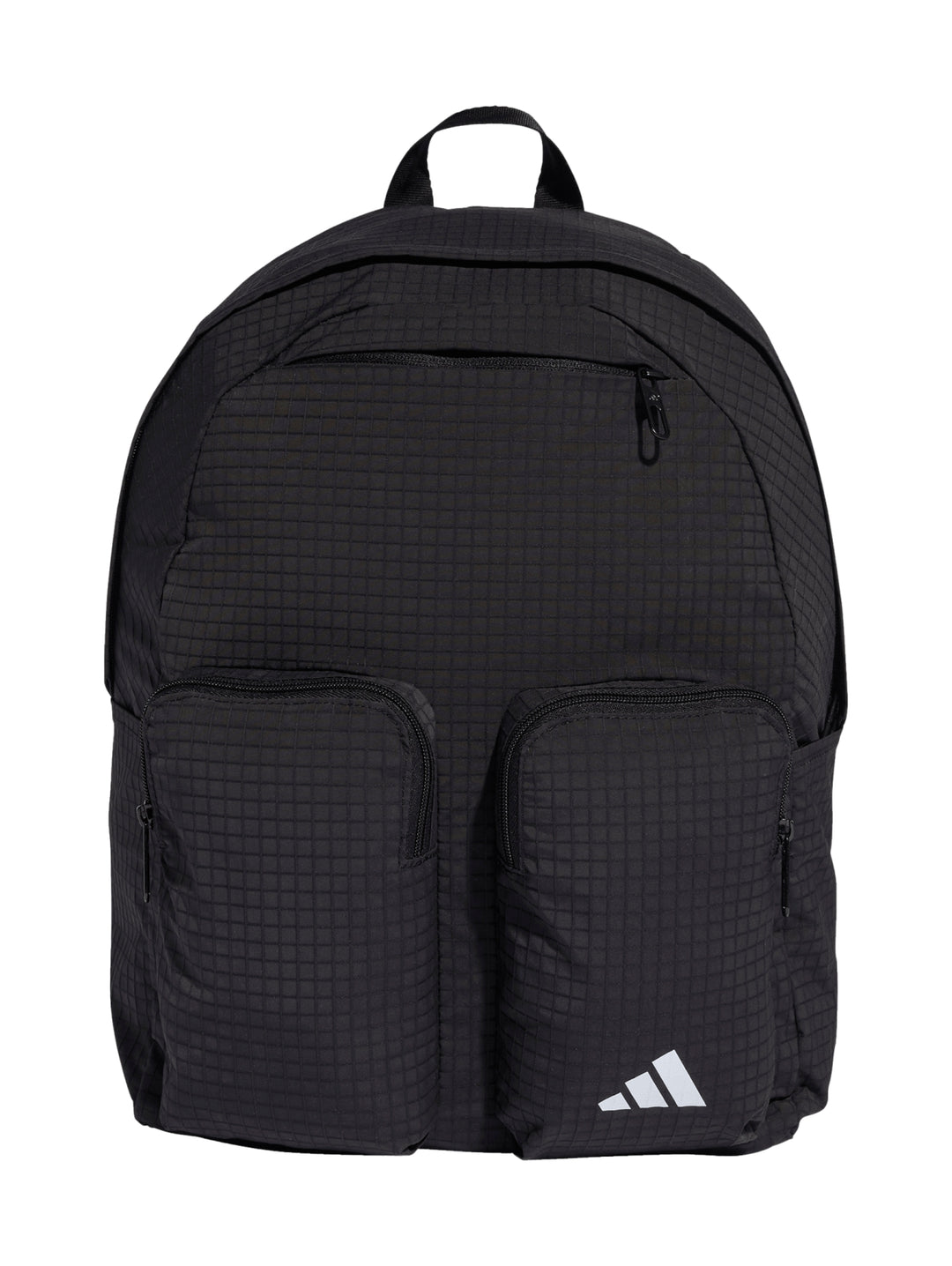 Mochila Adidas color negro con textura de cuadrícula y logotipo blanco en el bolsillo frontal.