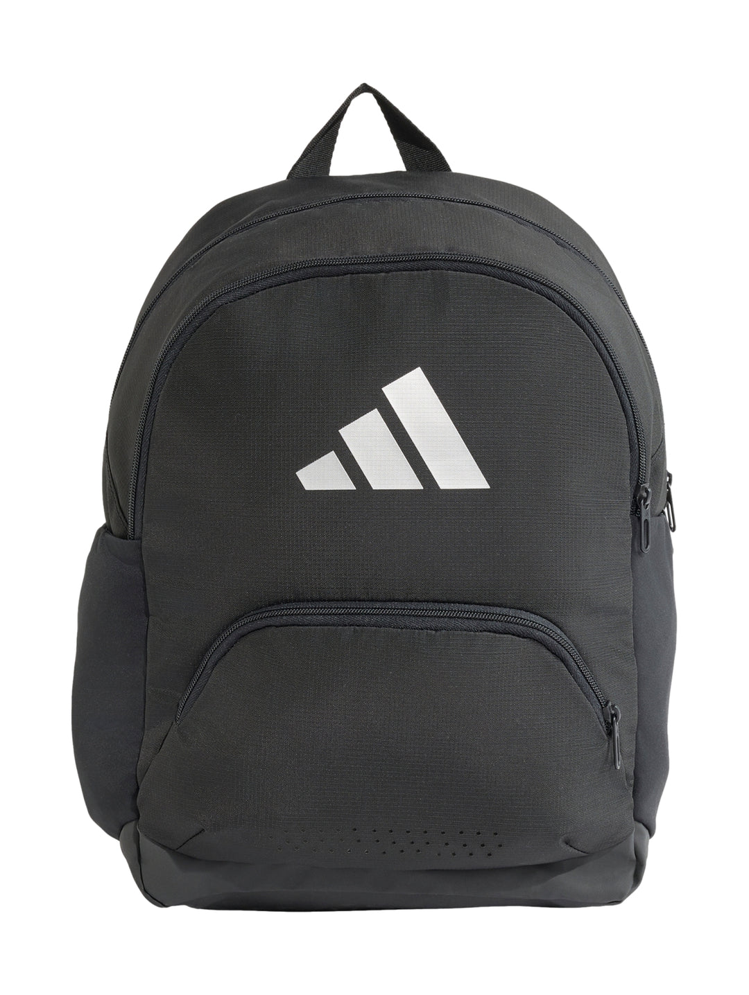 Mochila Adidas color negro con logotipo blanco en el centro y bolsillo frontal.