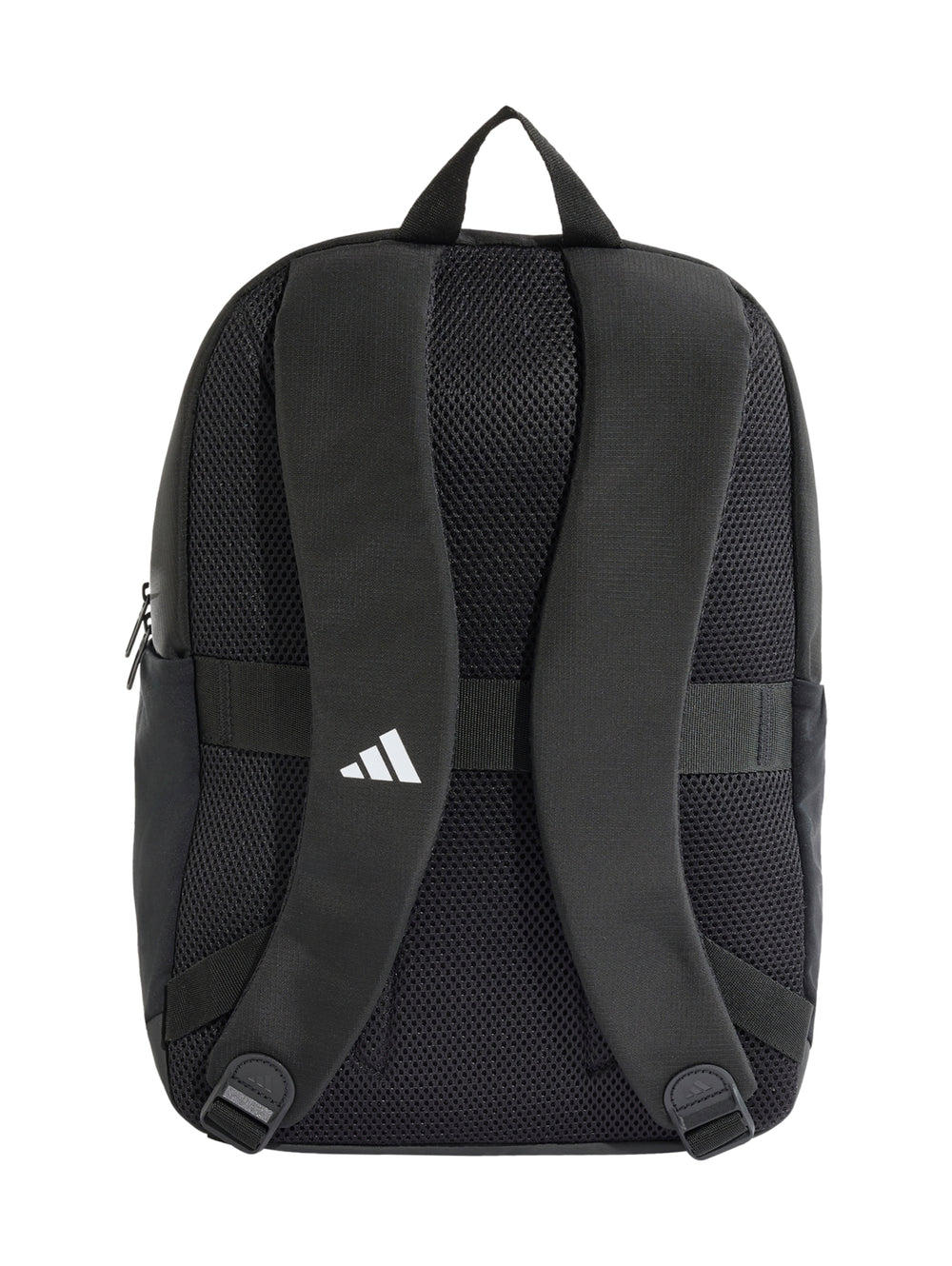 Mochila Adidas color negro con logotipo blanco en el centro y bolsillo frontal.