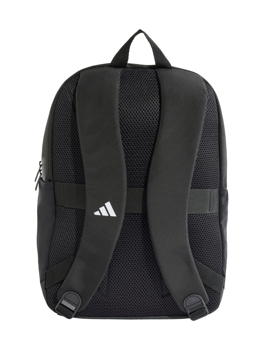 Mochila Adidas color negro con logotipo blanco en el centro y bolsillo frontal.