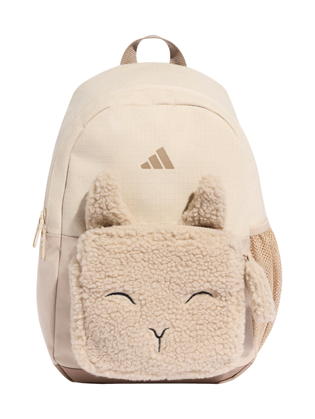 Mochila Adidas color beige para niños con detalle de cara de animal en tejido fleece en la parte frontal.