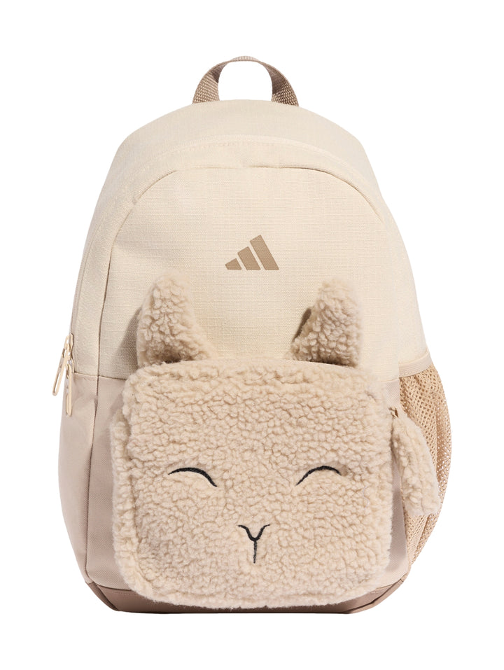 Mochila Adidas color beige para niños con detalle de cara de animal en tejido fleece en la parte frontal.