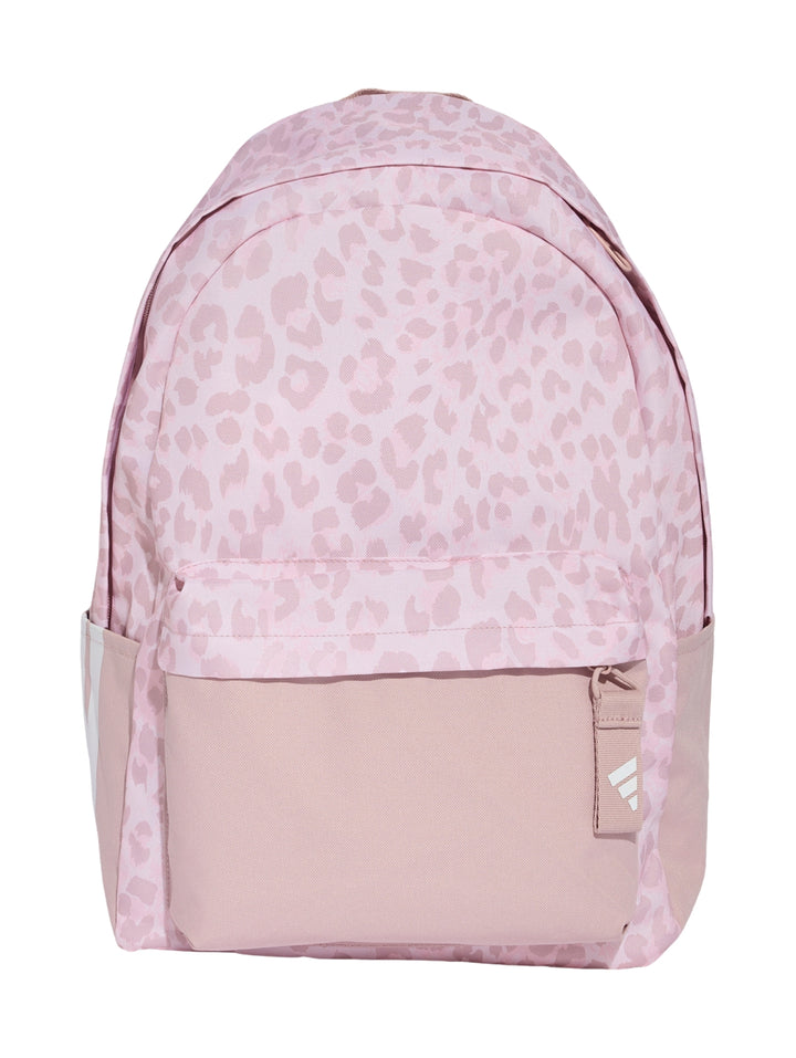 Mochila Adidas rosa con estampado de leopardo en la parte superior y bolsillo frontal sólido.