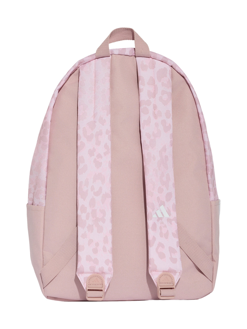 Mochila Adidas rosa con estampado de leopardo en la parte superior y bolsillo frontal sólido.