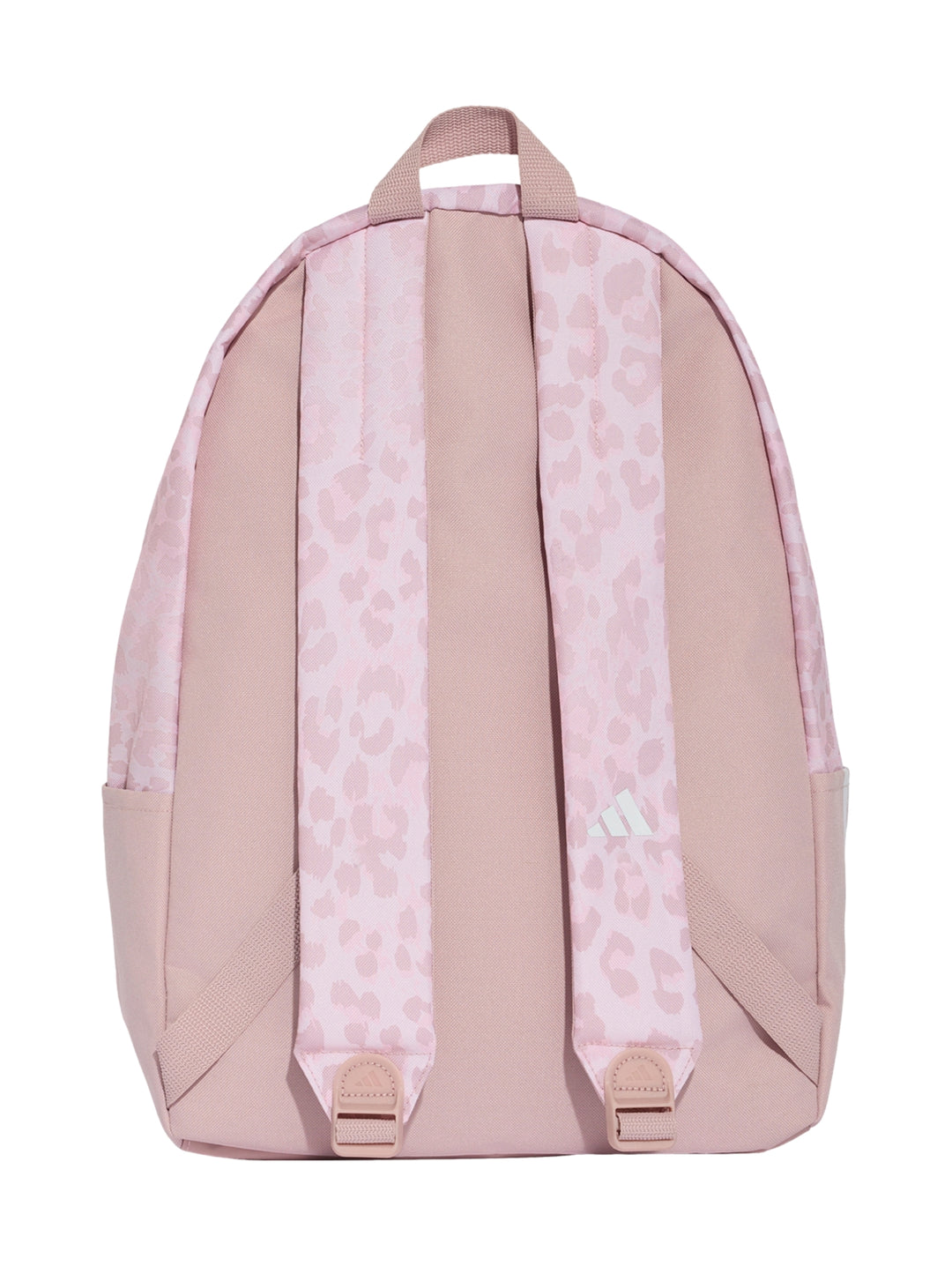 Mochila Adidas rosa con estampado de leopardo en la parte superior y bolsillo frontal sólido.