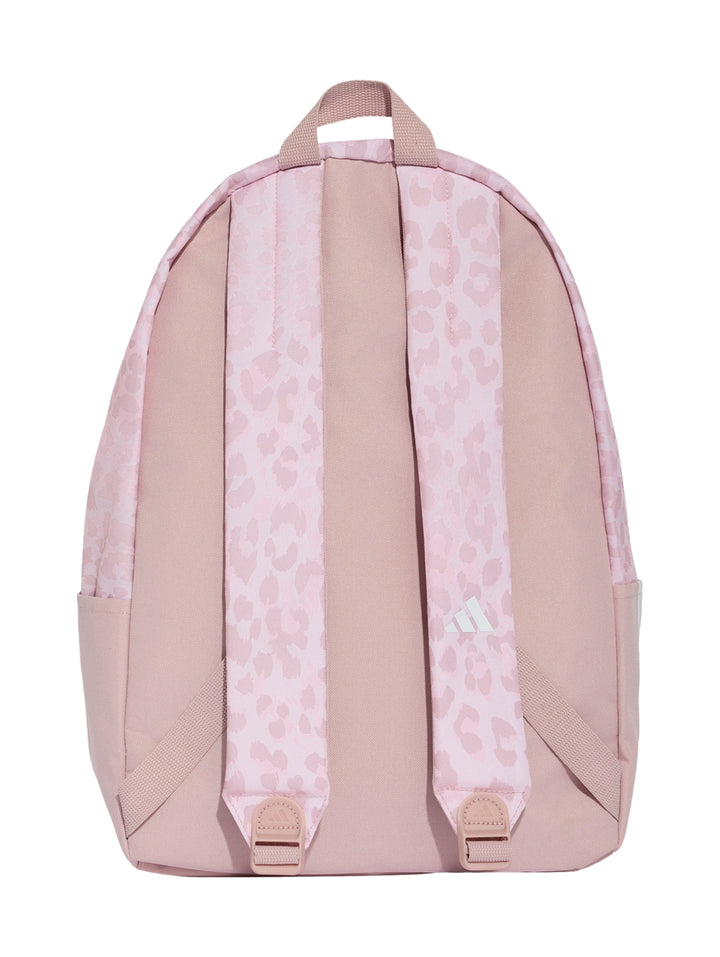 Mochila Adidas rosa con estampado de leopardo en la parte superior y bolsillo frontal sólido.