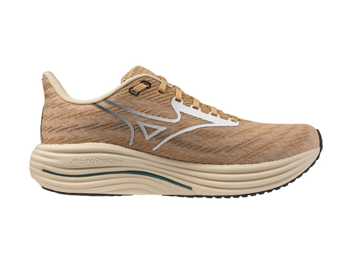 Tenis deportivos Mizuno Wave Rider 29 color beige con detalles en blanco y suela negra.