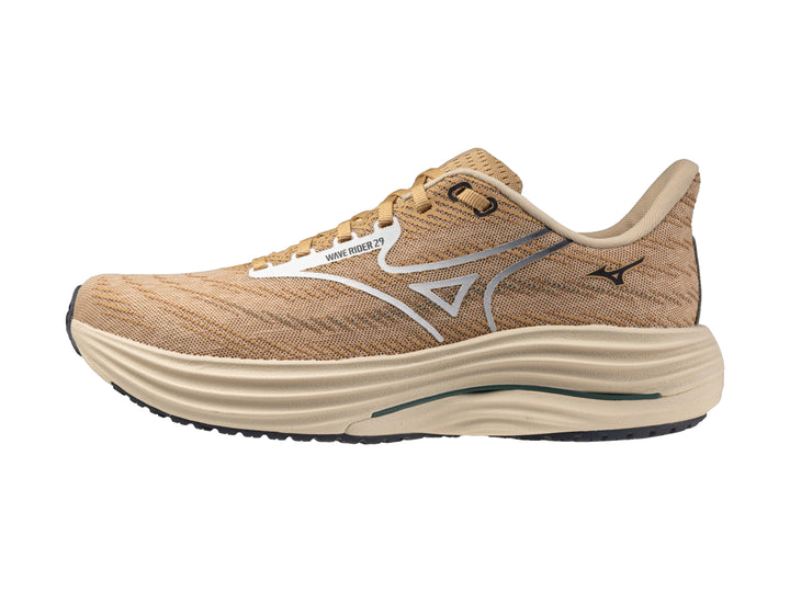 Tenis deportivos Mizuno Wave Rider 29 color beige con detalles en blanco y suela negra.