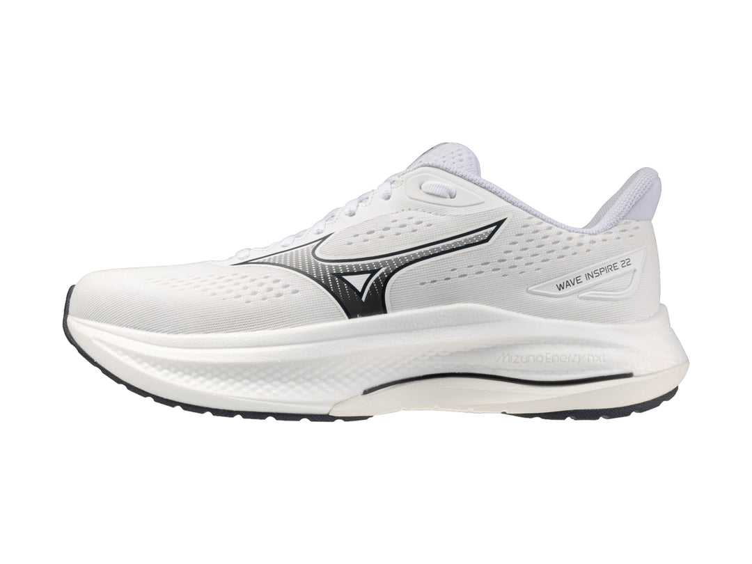 Tenis deportivos Mizuno Wave Inspire 22 color blanco con detalles negros para hombre.