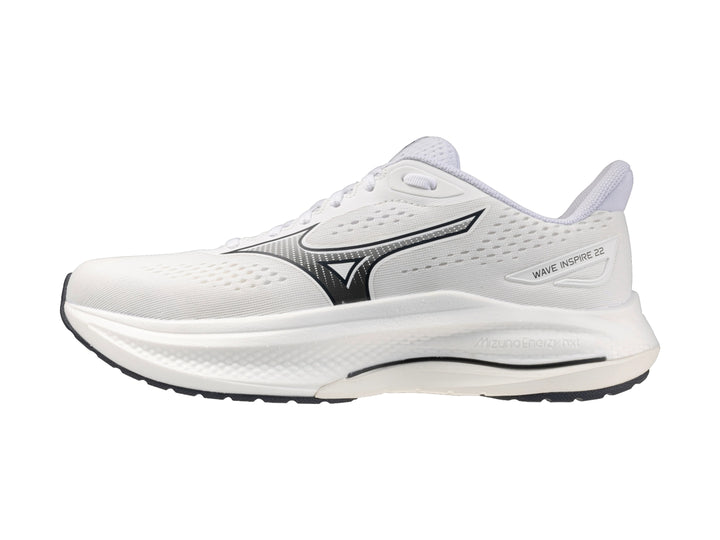 Tenis deportivos Mizuno Wave Inspire 22 color blanco con detalles negros para hombre.