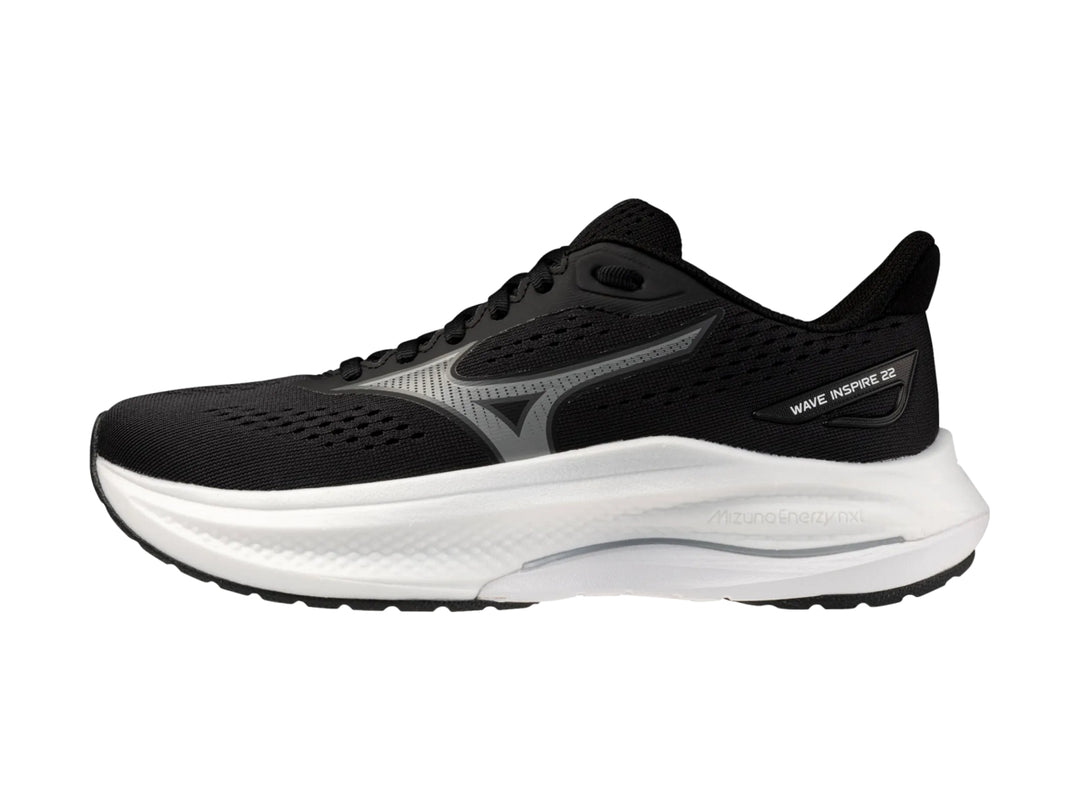 Tenis deportivos Mizuno Wave Inspire 22 color negro con suela blanca para mujer.