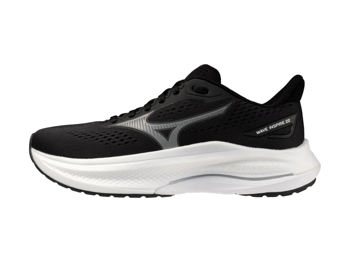 Tenis deportivos Mizuno Wave Inspire 22 color negro con suela blanca para mujer.