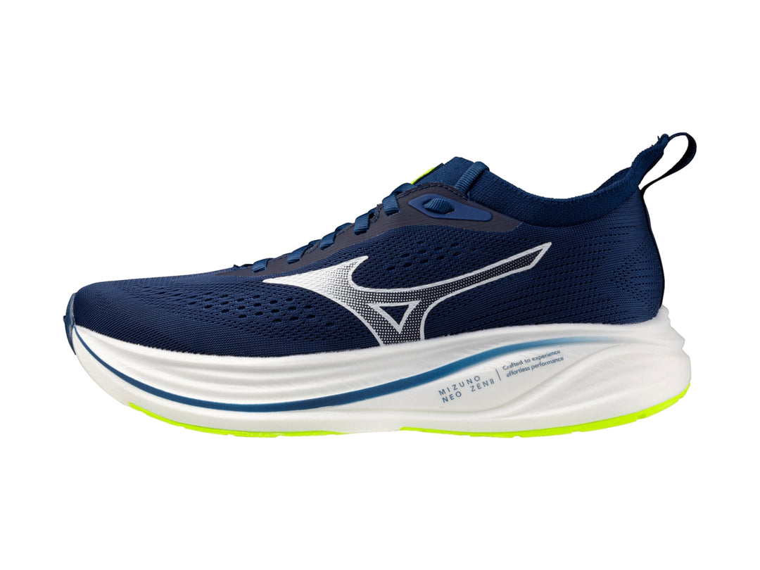 Tenis deportivos Mizuno Neo Zen 2 color azul con suela blanca y detalles laterales blancos.