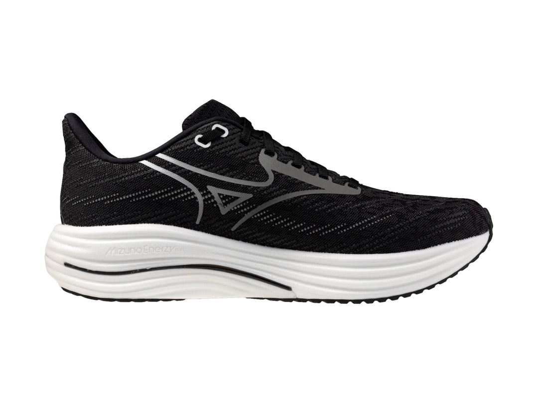 Tenis deportivos Mizuno Wave Rider 29 color negro con suela blanca, vista lateral.