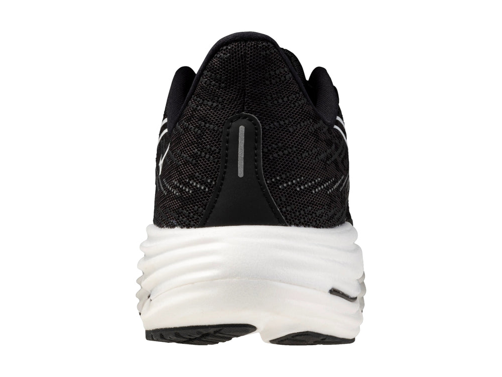 Tenis deportivos Mizuno Wave Rider 29 color negro con suela blanca, vista lateral.