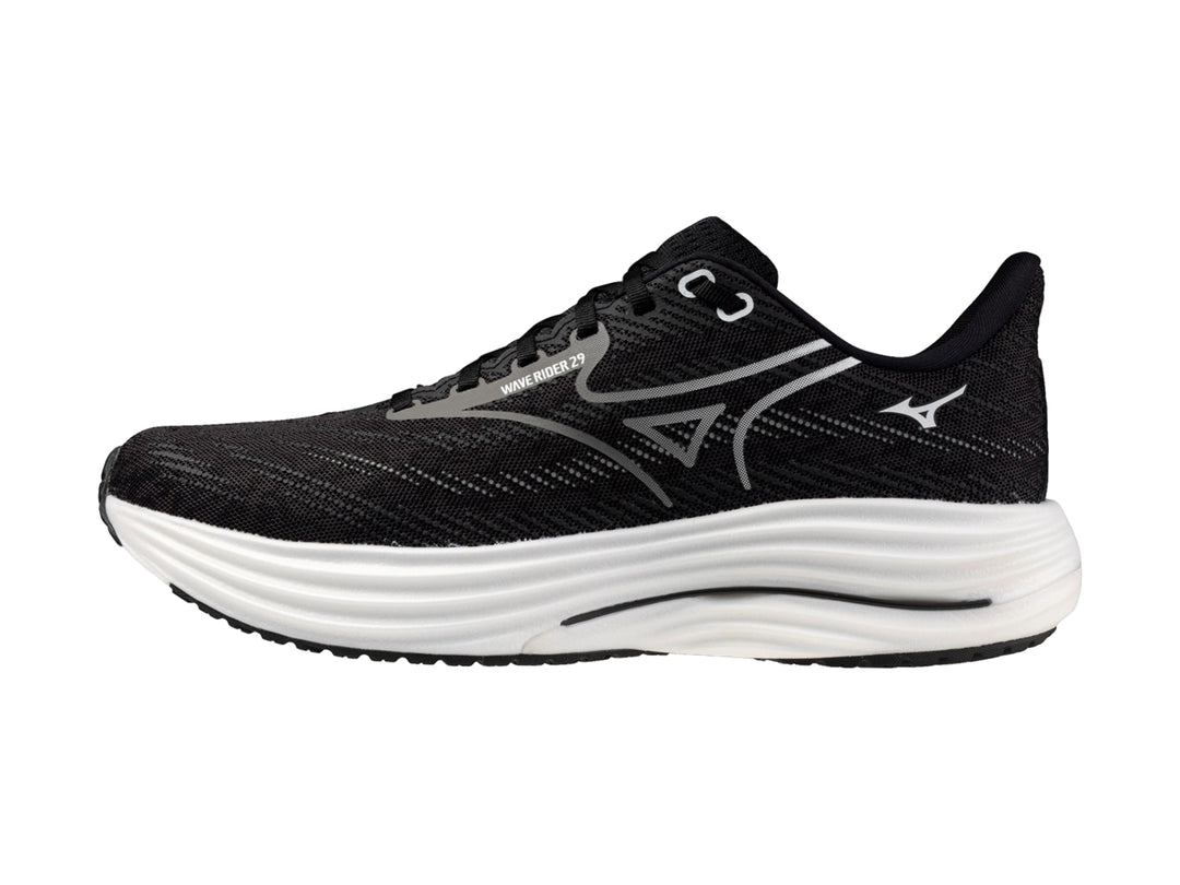 Tenis deportivos Mizuno Wave Rider 29 color negro con suela blanca, vista lateral.