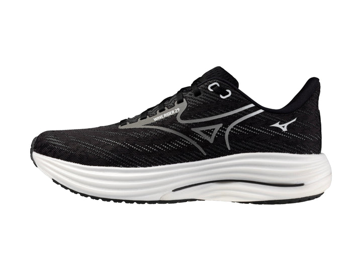 Tenis deportivos Mizuno Wave Rider 29 color negro con suela blanca, vista lateral.
