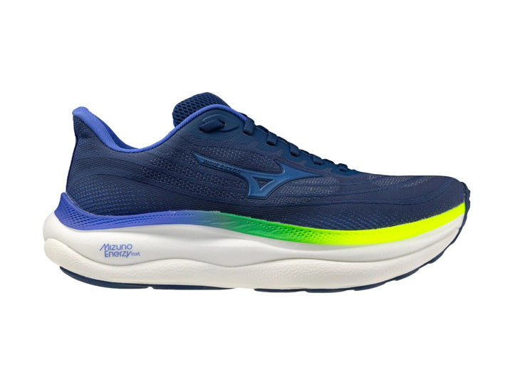 Tenis deportivos Mizuno Wave Sky 9 color azul con suela blanca y detalle verde lima para hombre.