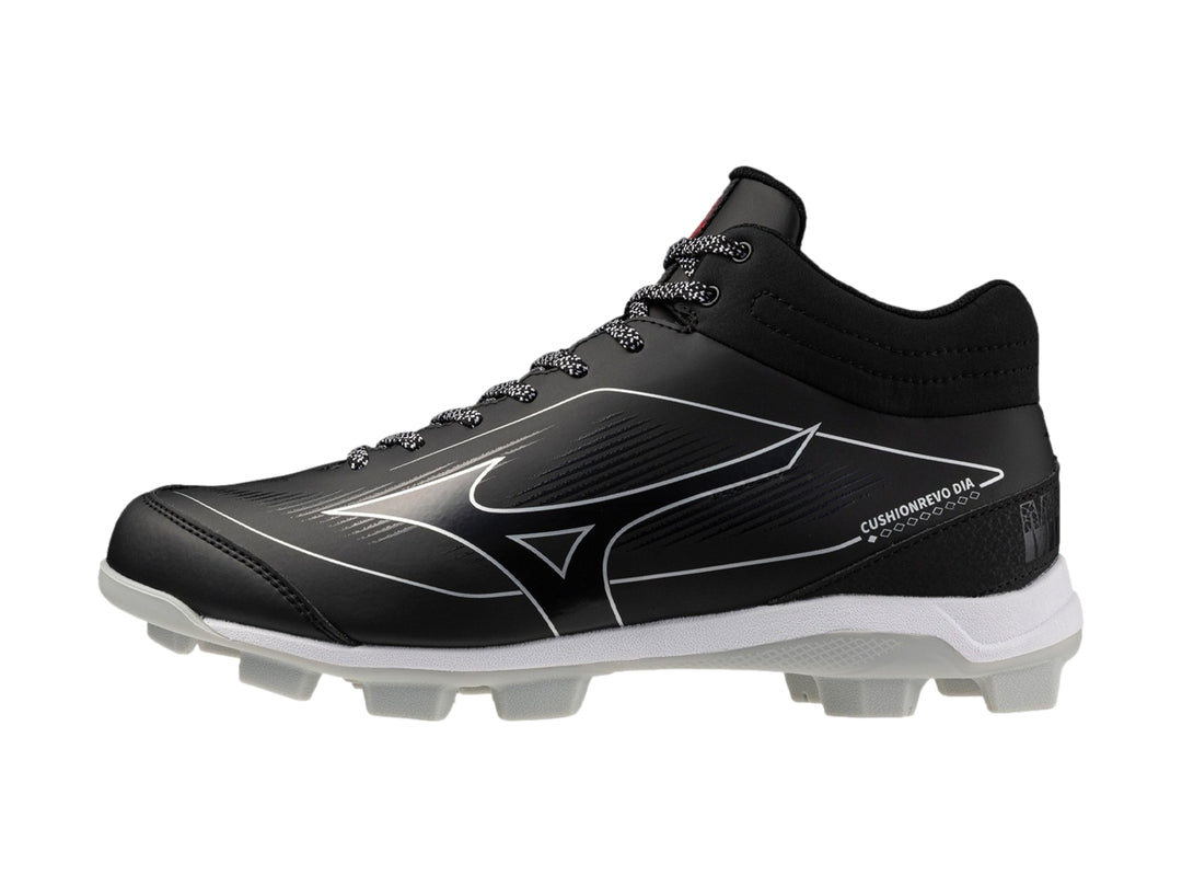 Zapato deportivo Mizuno CushionRevo Diamond de color negro con suela blanca y corte medio.