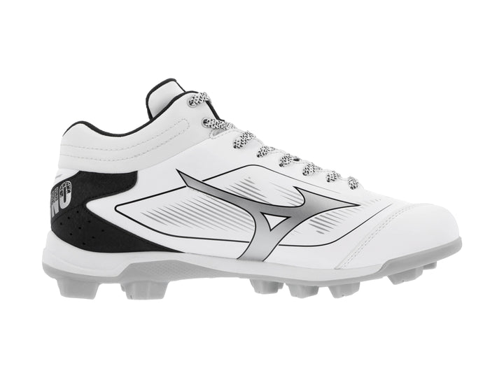 Zapato deportivo Mizuno blanco con detalles en negro y suela de tacos para beisbol.