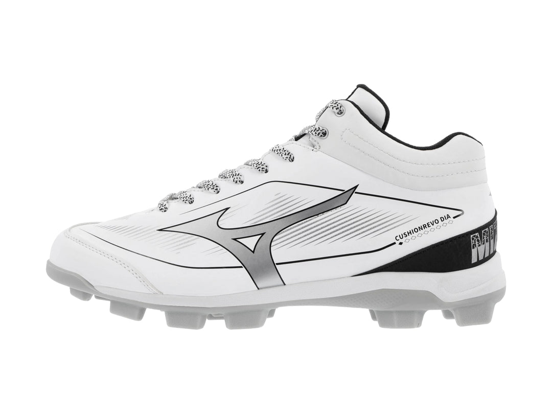 Zapato deportivo Mizuno blanco con detalles en negro y suela de tacos para beisbol.