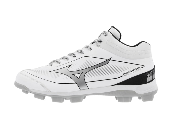 Zapato deportivo Mizuno blanco con detalles en negro y suela de tacos para beisbol.