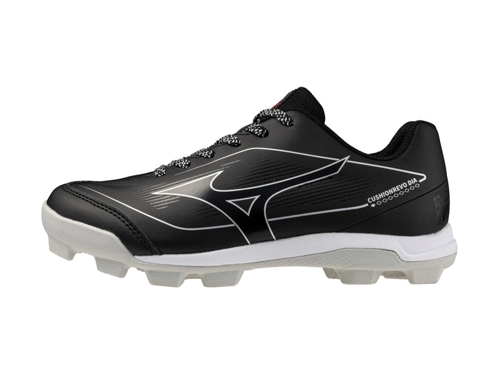 Zapato deportivo Mizuno CushionRevo Diamond Jr color negro con suela blanca.