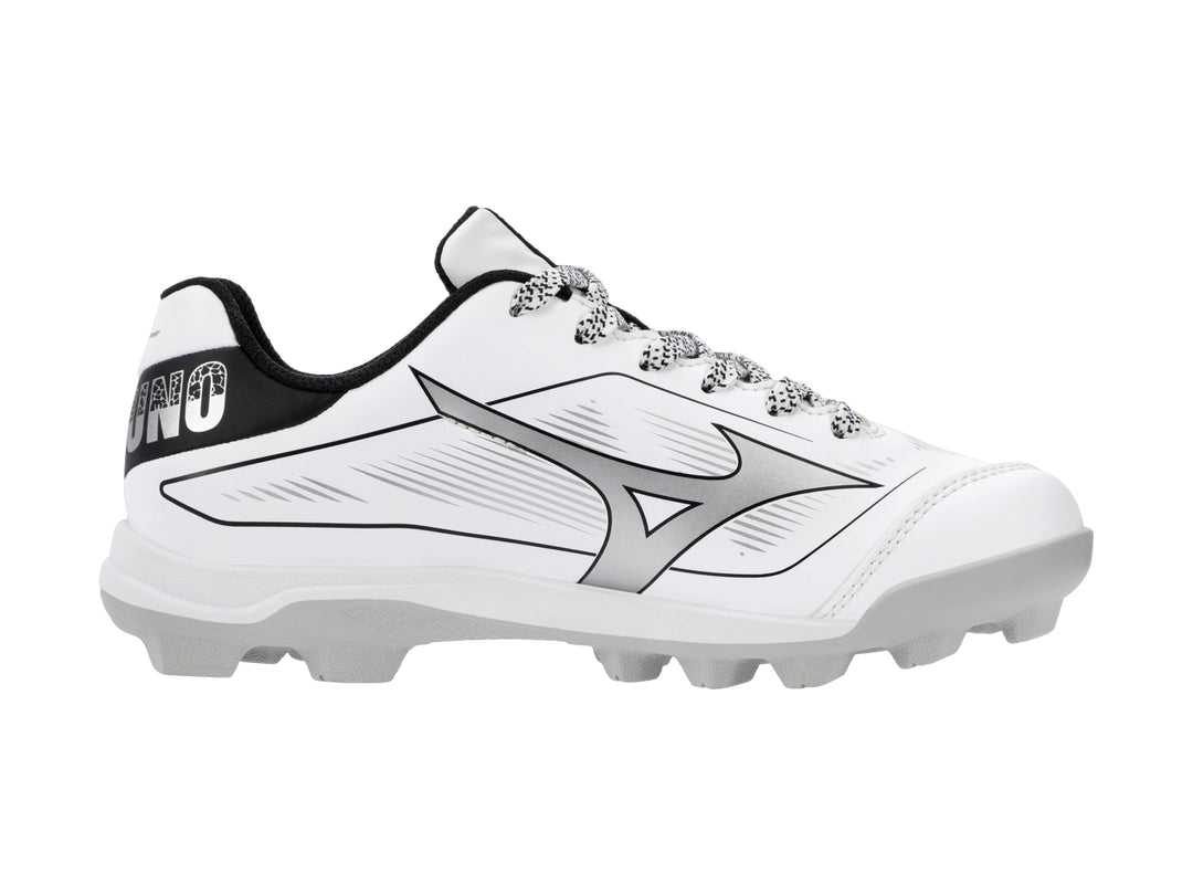 Zapato deportivo Mizuno blanco con detalles negros y suela de tacos.