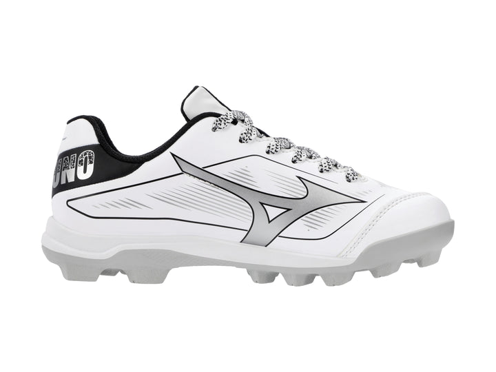 Zapato deportivo Mizuno blanco con detalles negros y suela de tacos.