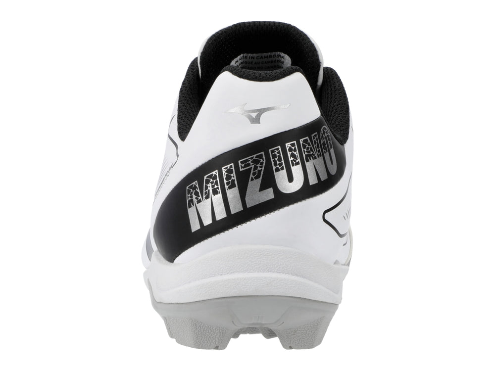 Zapato deportivo Mizuno blanco con detalles negros y suela de tacos.