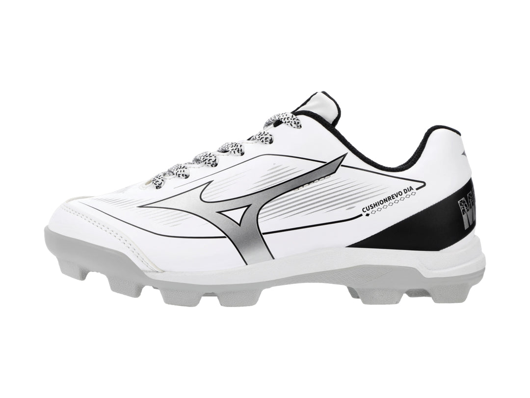 Zapato deportivo Mizuno blanco con detalles negros y suela de tacos.