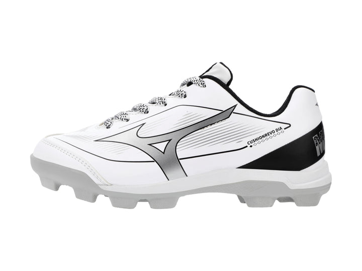 Zapato deportivo Mizuno blanco con detalles negros y suela de tacos.
