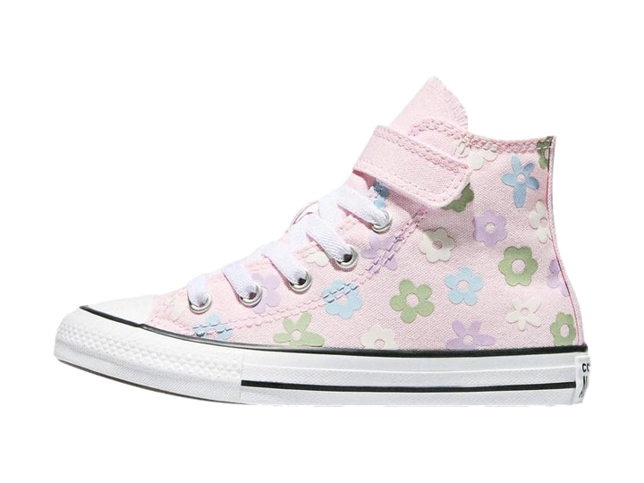Tenis Converse rosa para niña con estampado de flores coloridas y suela blanca.