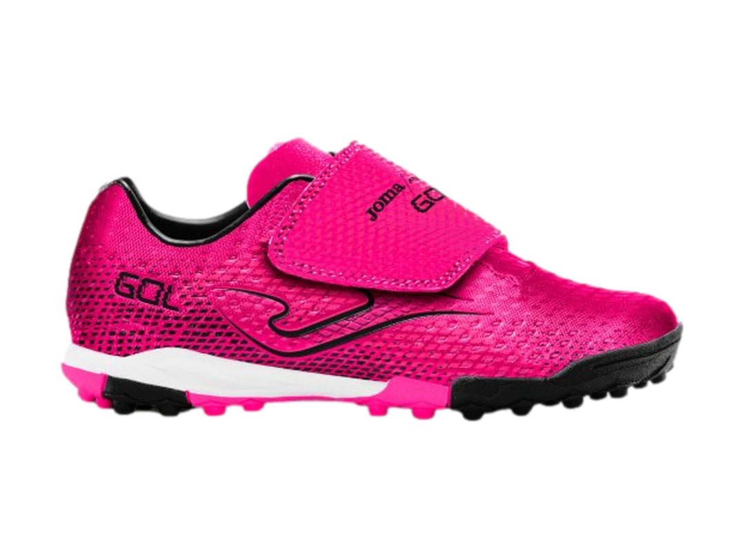 Taquetenis Joma Gol JR color fucsia con suela negra y cierre de velcro para niño.