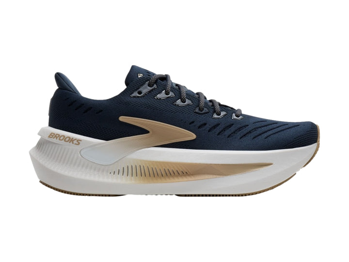 Tenis Brooks Glycerin Max 2 para hombre en color azul marino con suela blanca y detalles dorados.
