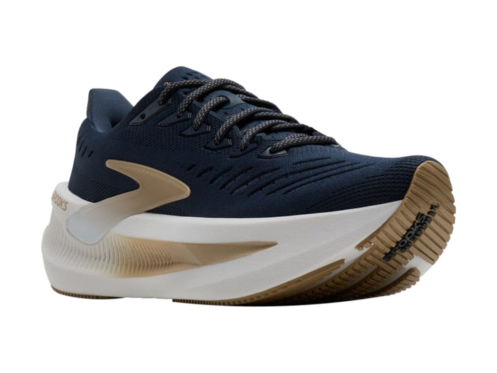 Tenis Brooks Glycerin Max 2 para hombre en color azul marino con suela blanca y detalles dorados.