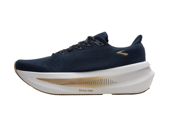 Tenis Brooks Glycerin Max 2 para hombre en color azul marino con suela blanca y detalles dorados.