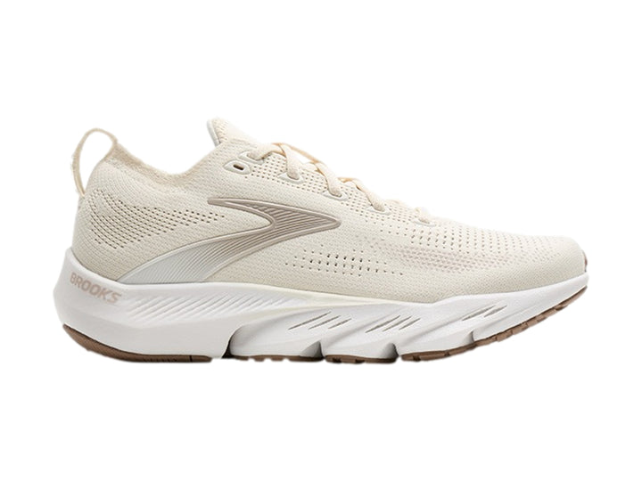 Tenis deportivos Brooks Glycerin Flex color blanco crema con suela blanca y base café claro para mujer.