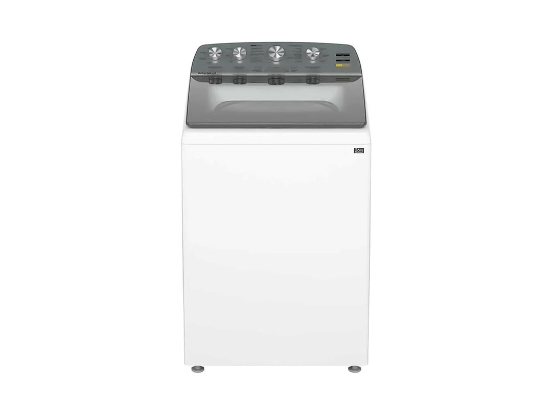 Lavadora Whirlpool de 26kg color blanca con panel de control gris en la parte superior.