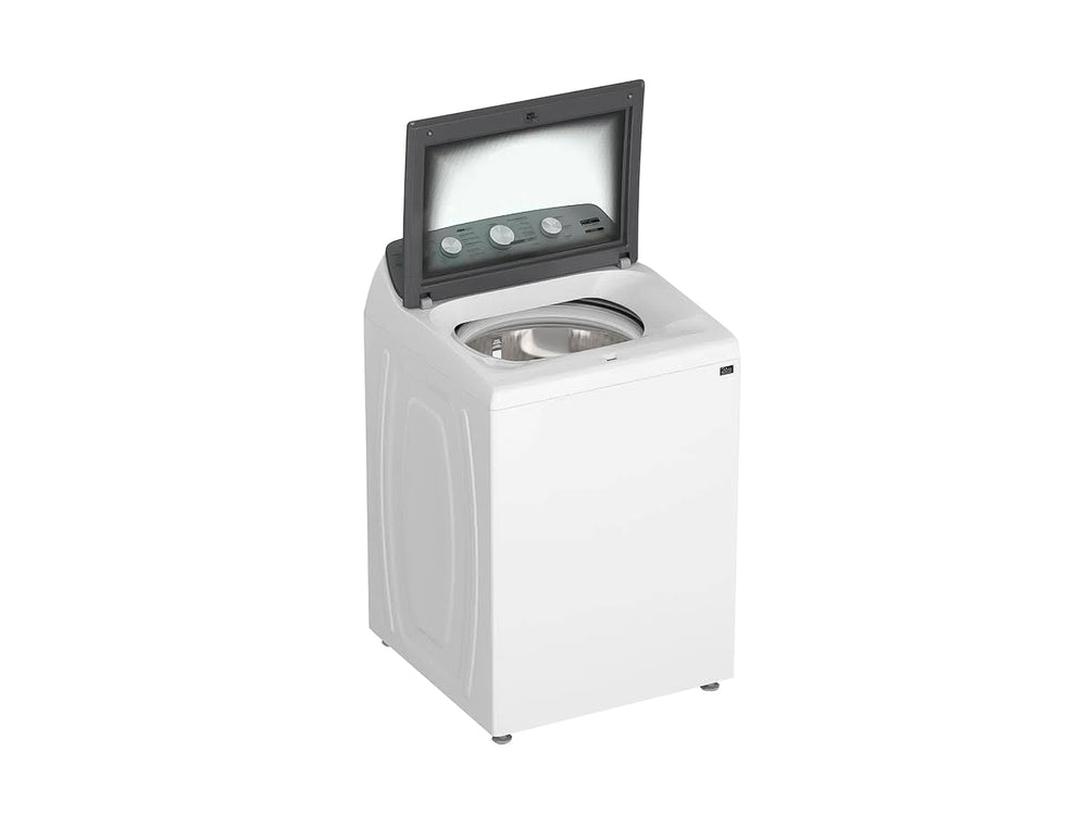 Lavadora Whirlpool de 26kg color blanca con panel de control gris en la parte superior.