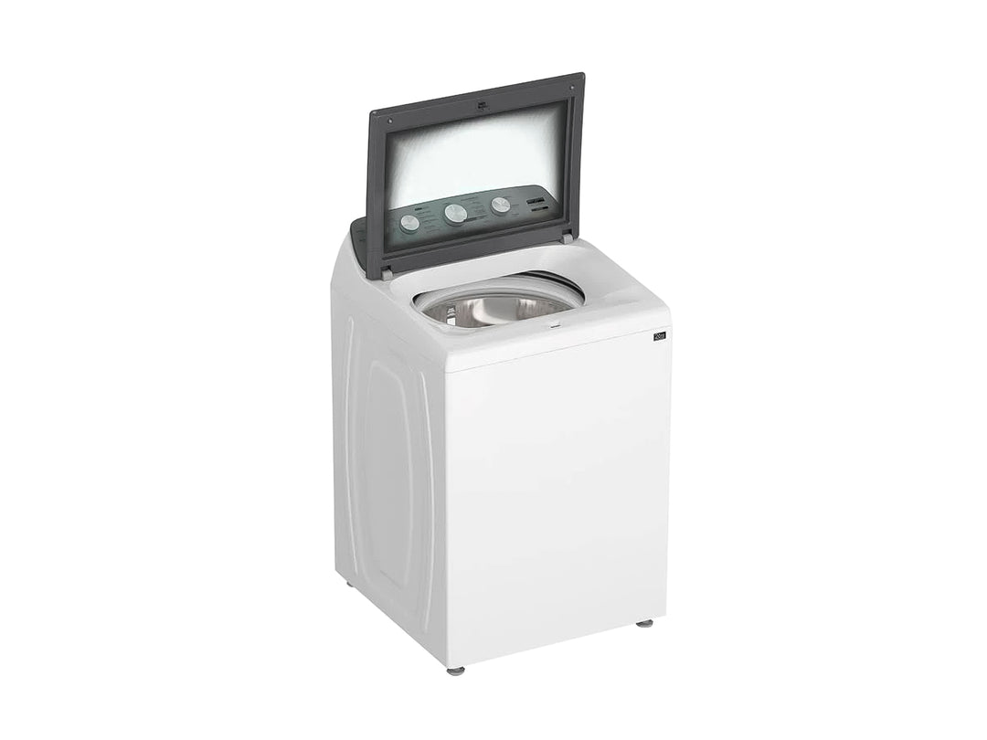 Lavadora Whirlpool de 26kg color blanca con panel de control gris en la parte superior.