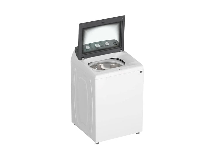 Lavadora Whirlpool de 26kg color blanca con panel de control gris en la parte superior.