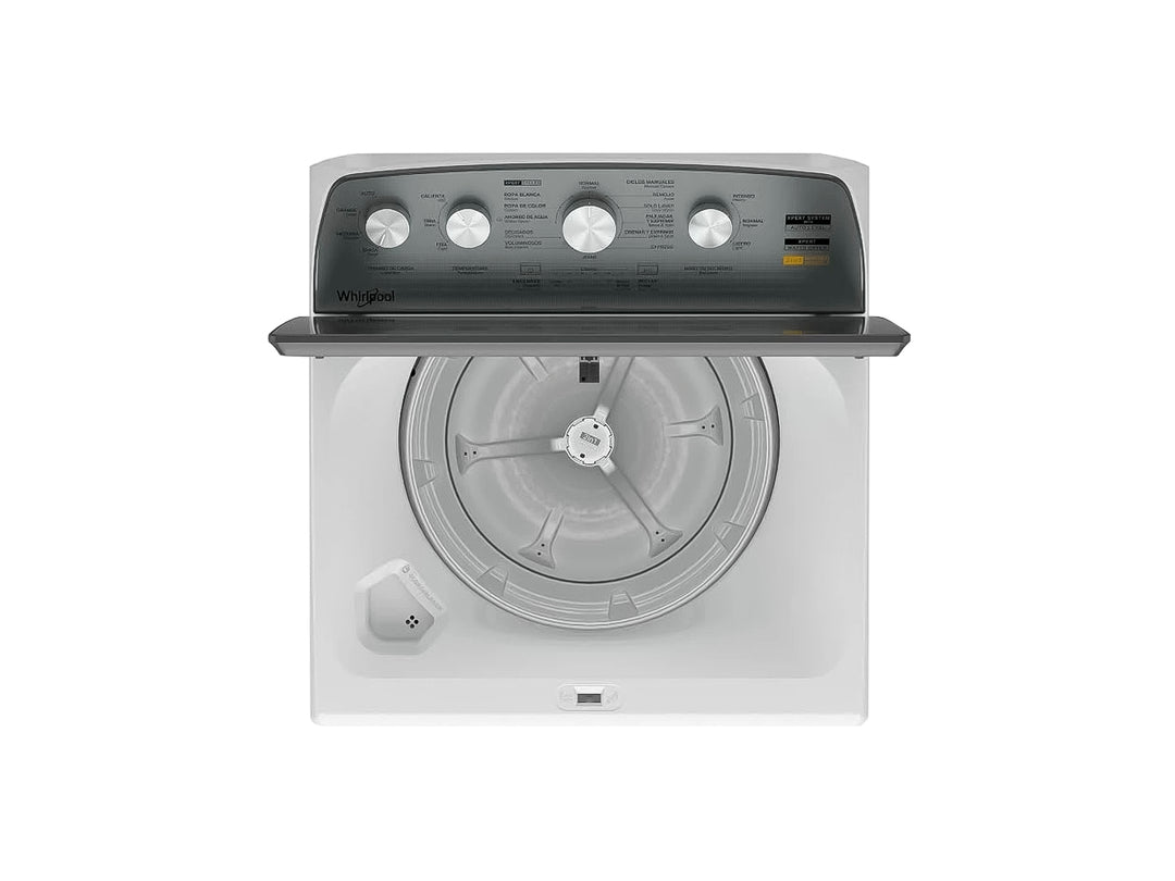 Lavadora Whirlpool de 26kg color blanca con panel de control gris en la parte superior.