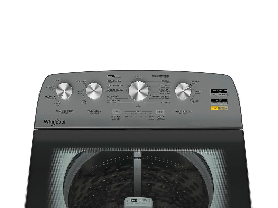 Lavadora Whirlpool de 26kg color blanca con panel de control gris en la parte superior.