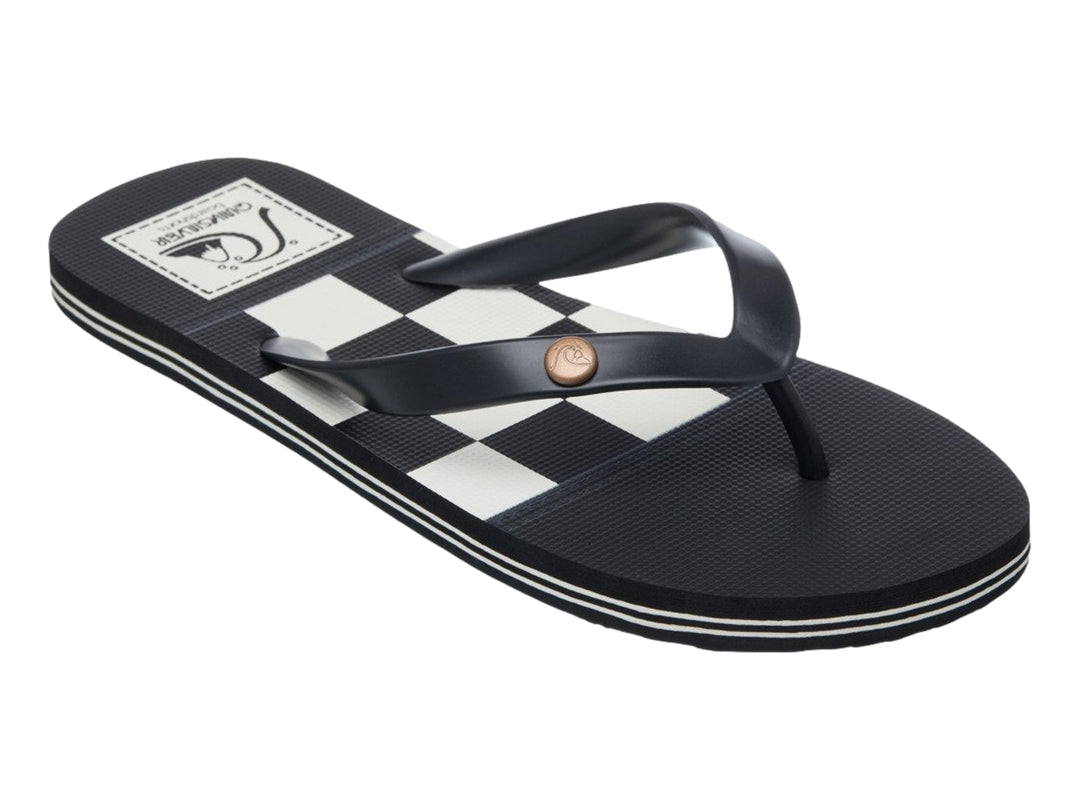 Sandalia Quiksilver Molokai Originals color negro con franja blanca en la suela, vista lateral.