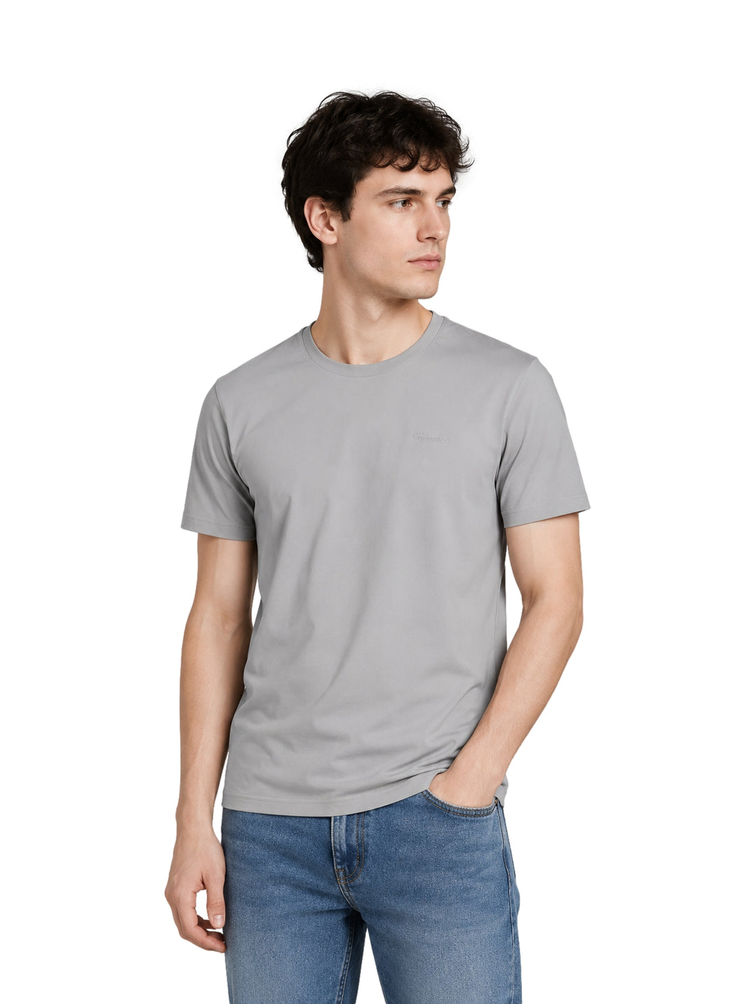 Hombre vistiendo una playera de color gris claro de manga corta y cuello redondo.