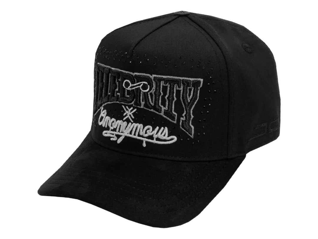 Gorra snapback color negro con bordados frontales en color blanco y gris.