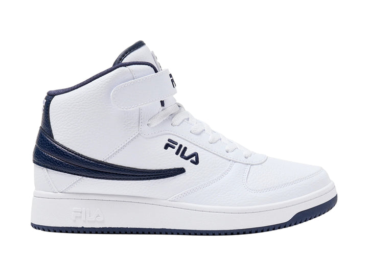 Tenis FILA A-High blancos con detalles y suela en azul marino, estilo bota para hombre.